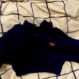 Cropped blue short sleeve t shirt with snake design in corner